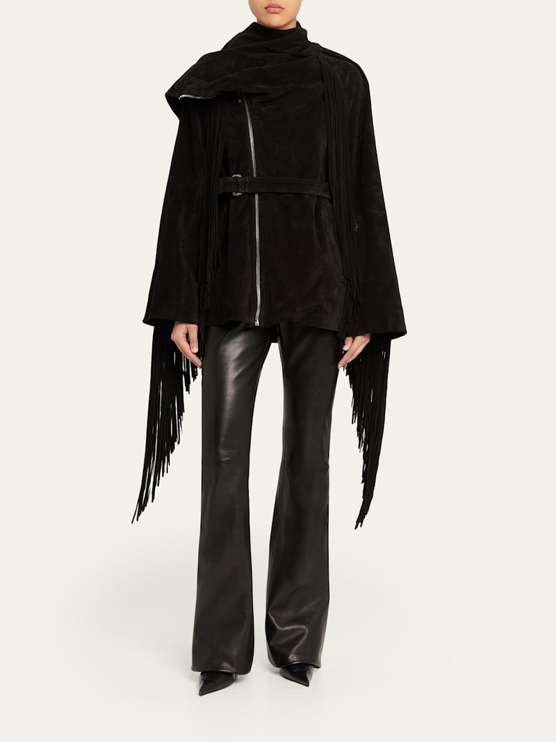 Rick Owens Scarf-Neck Fringe Suede Moto Jaket outlook