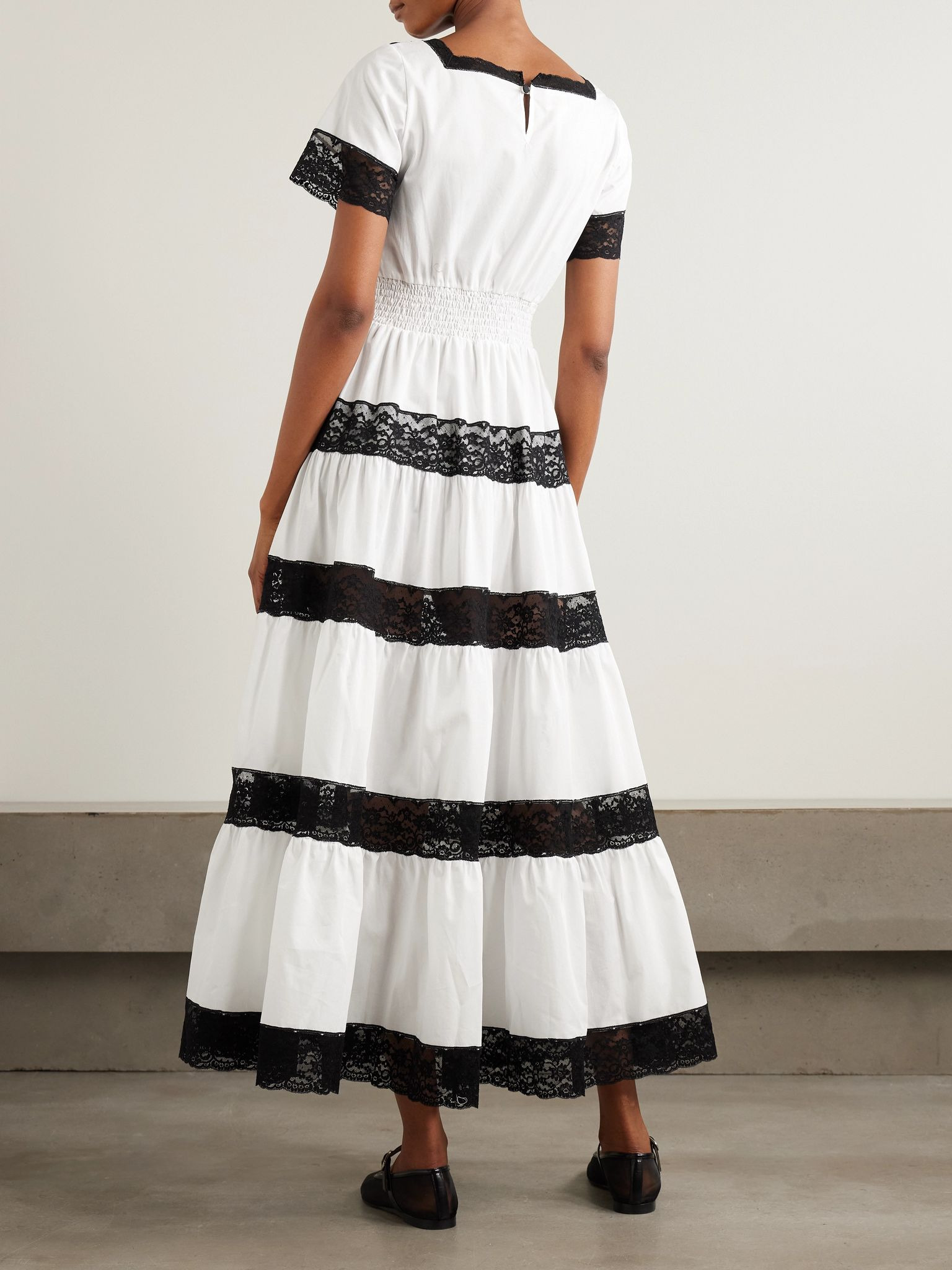 Tiered lace-trimmed cotton-poplin midi dress White - 3