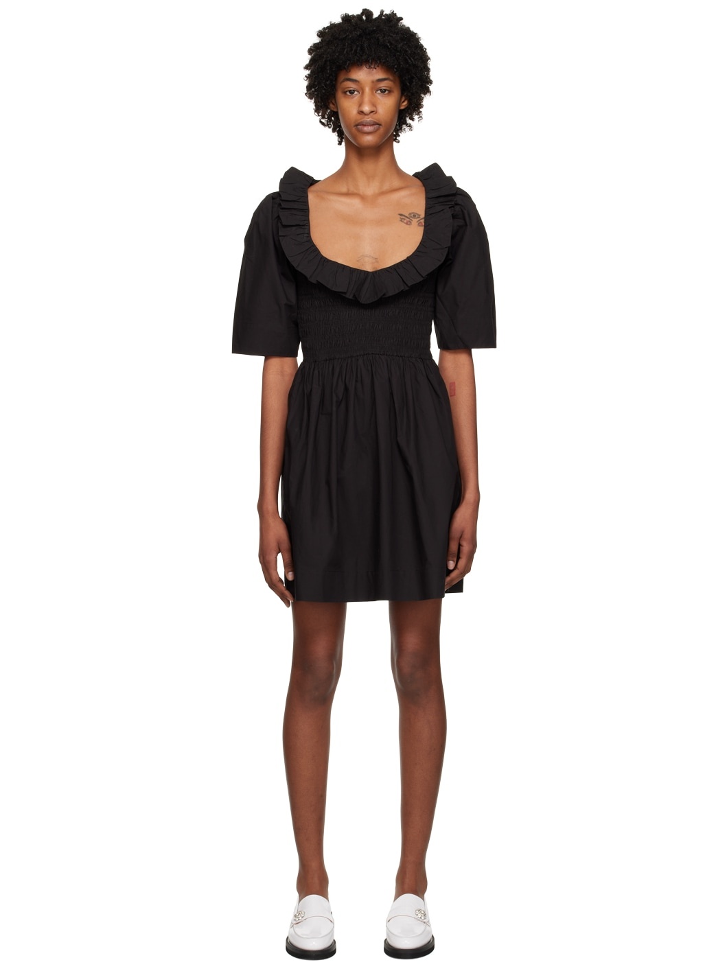 Black Shirred Minidress - 1