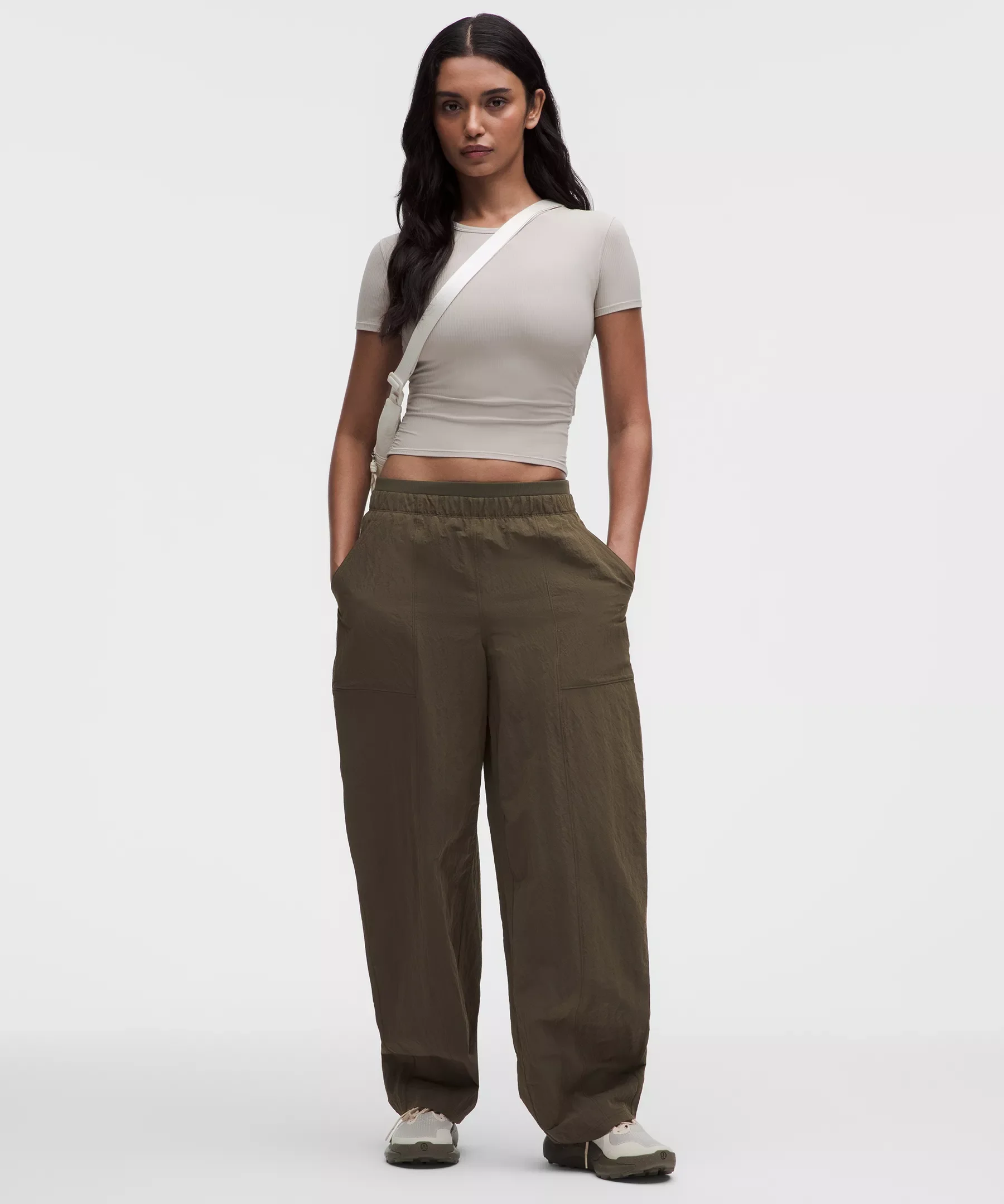Crinkle Nylon Mid-Rise Barrel-Leg Pant - 1