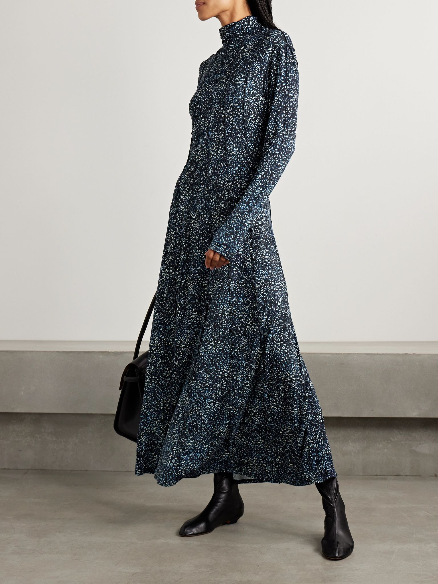 Mabel ruffled cheetah-print jersey turtleneck maxi dress Navy - 2