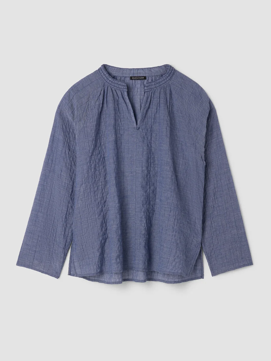 Organic Cotton Microstripe Pucker Split Collar Top - 1