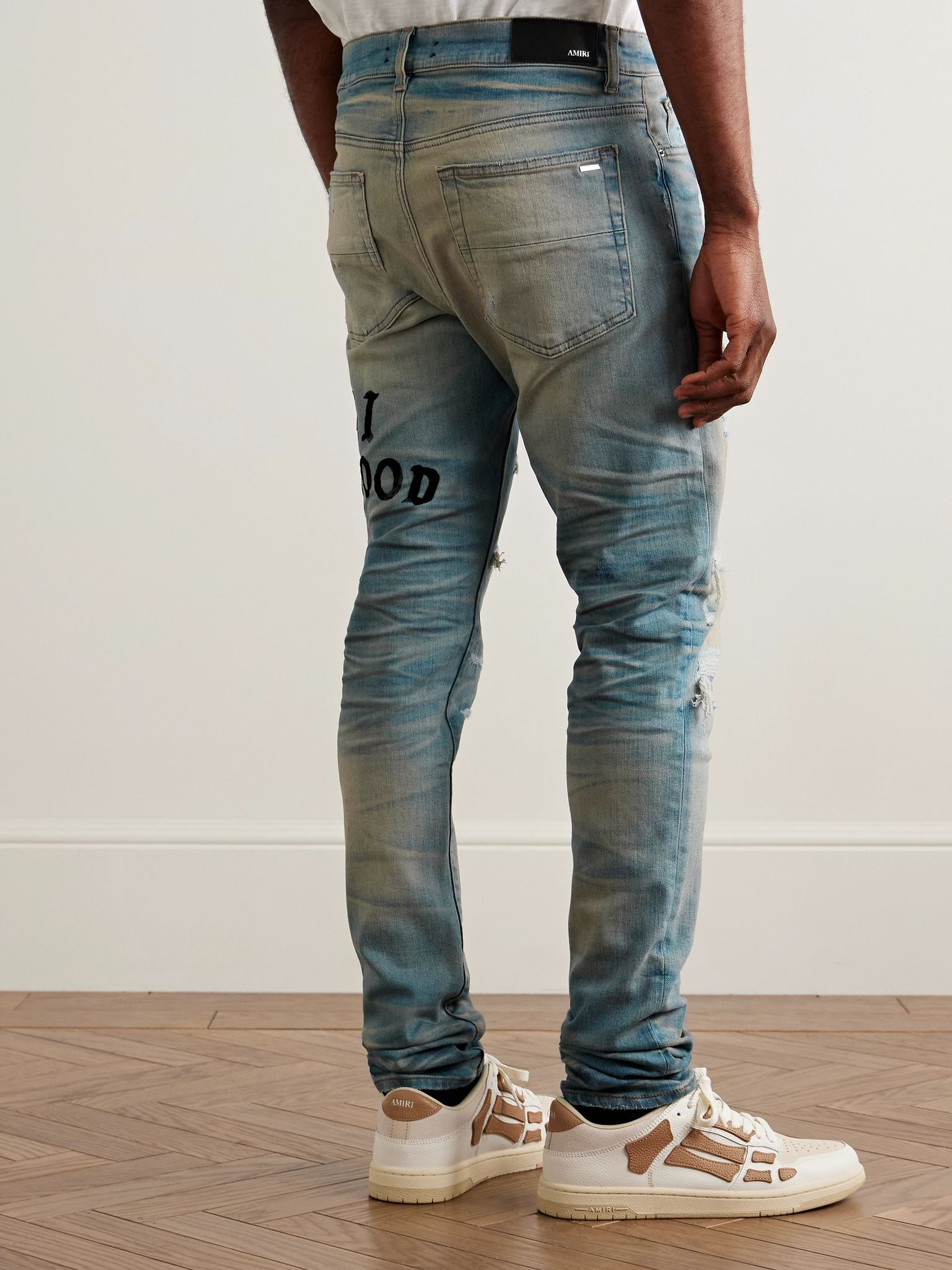 Hollywood Skinny-Fit Logo-Flocked Distressed Jeans Blue - 4