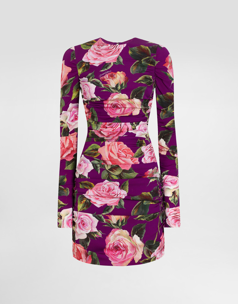 Charmeuse midi sheath dress with draping and rose print 1