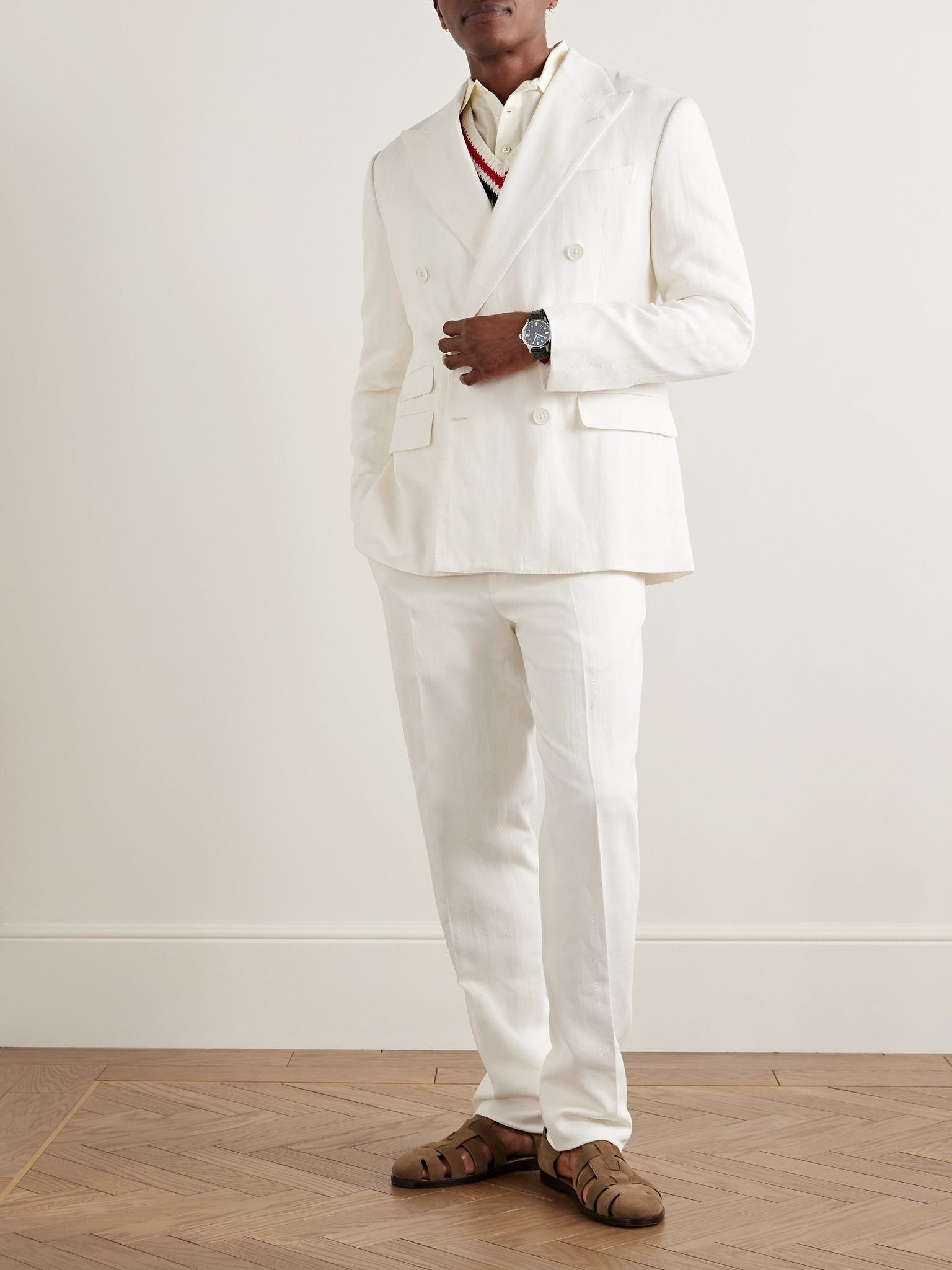 Double-Breasted Herringbone Cotton and Linen-Blend Suit Jacket Cream - 2