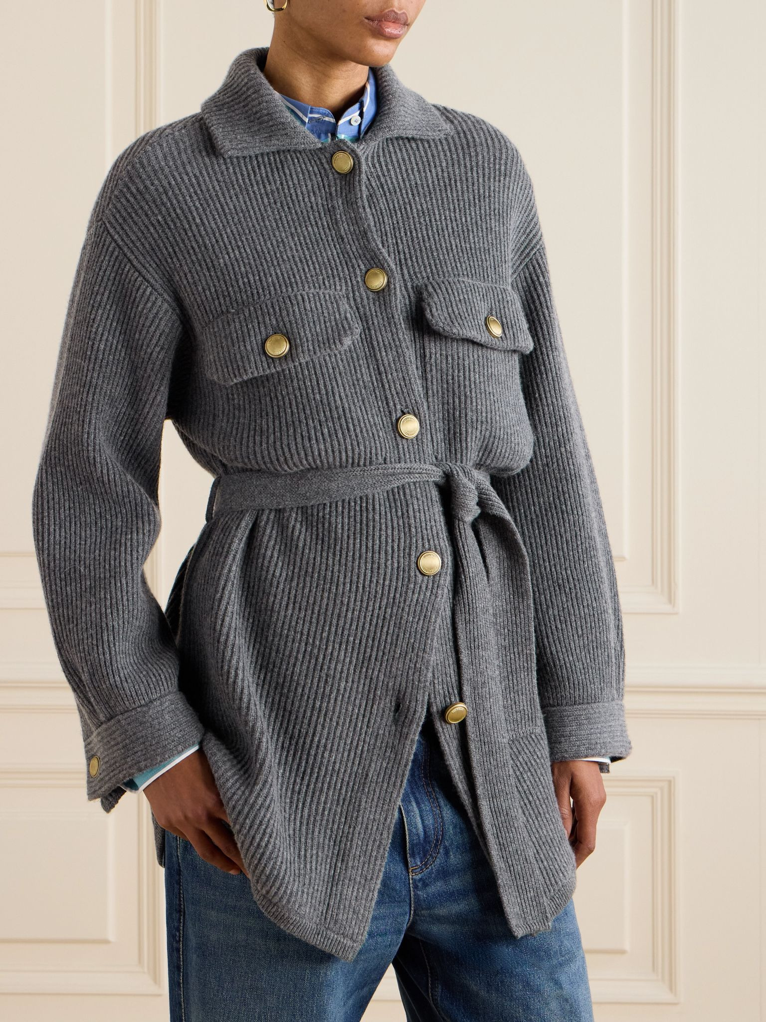 Belted ribbed-knit cardigan Dark gray - 3