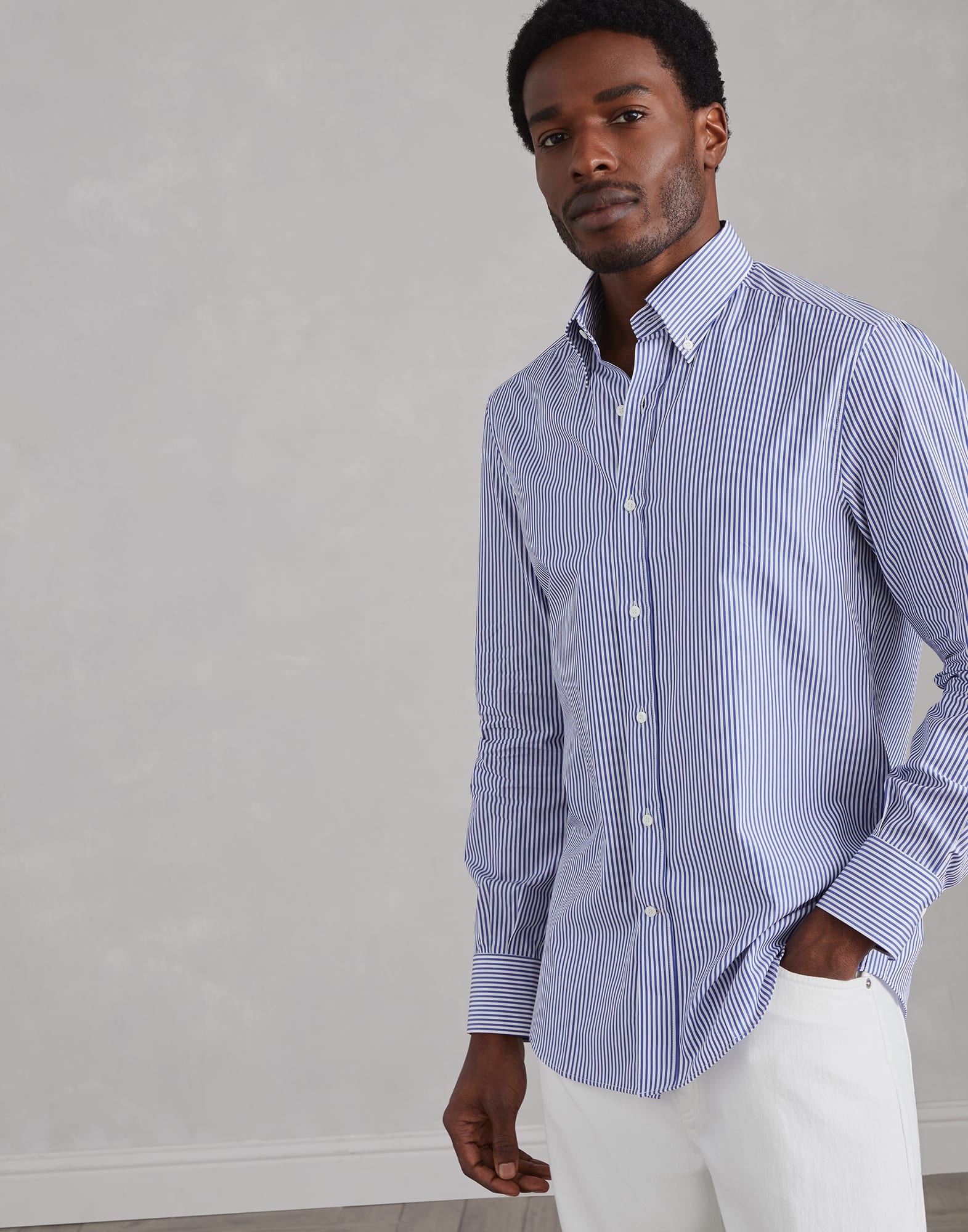 Striped basic fit shirt with button-down collar - 1