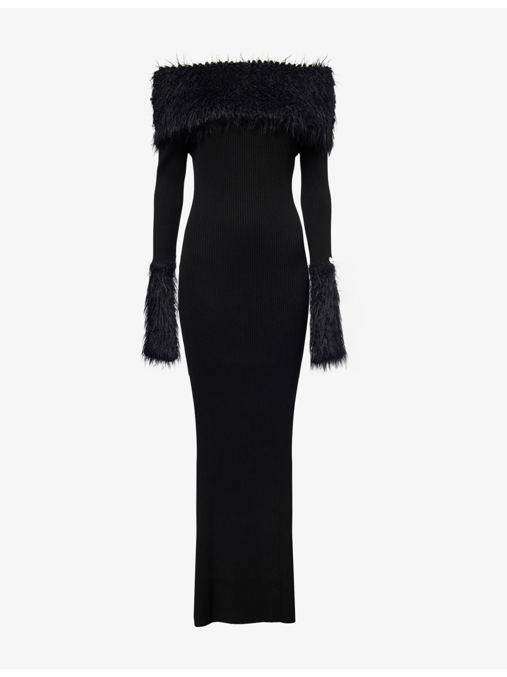 Off-Shoulder Faux Fur-Trim Ribbed-Knit Maxi Dress - 1