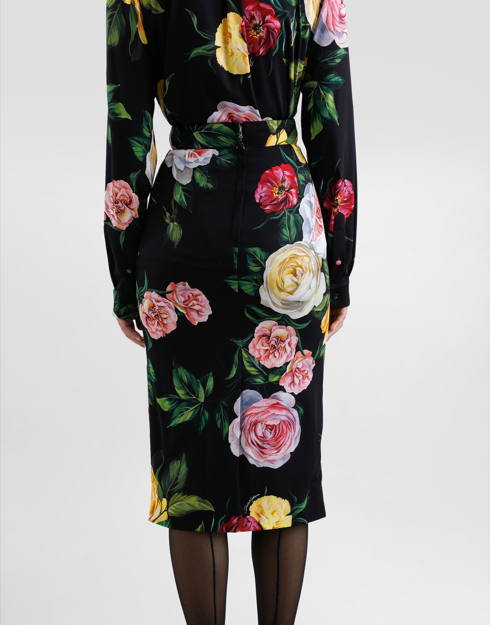 Peony and rose-print charmeuse calf-length skirt - 5