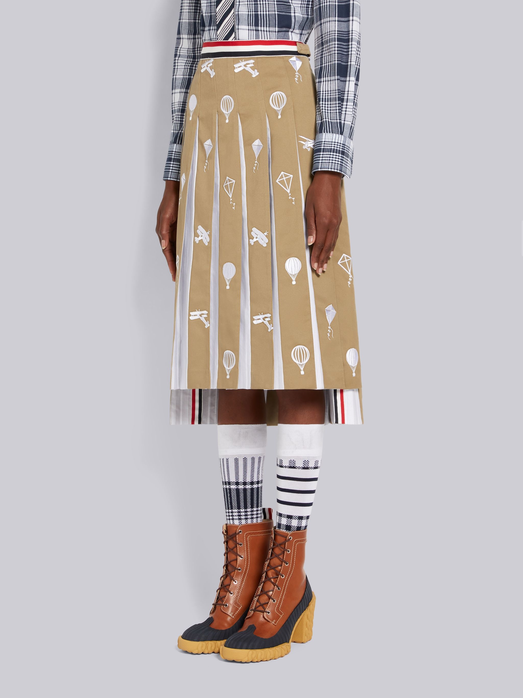 Camel Cotton Twill Sky Icon Half Drop Stripe Waistband Dropped Back Below the Knee Pleated Skirt - 2
