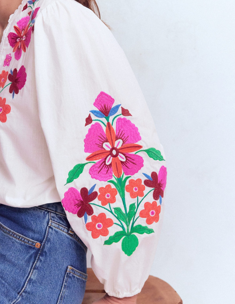Embroidered Notch Neck Top-Floral Placement Embroidery 4