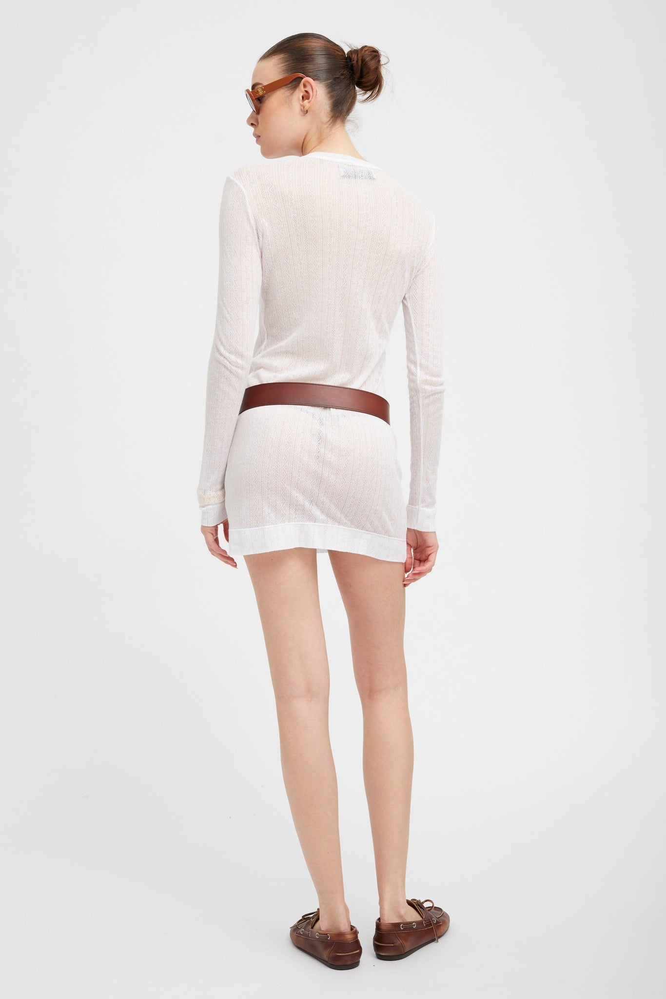 WHITE POINTELLE LONG SLEEVE MINI DRESS - 5