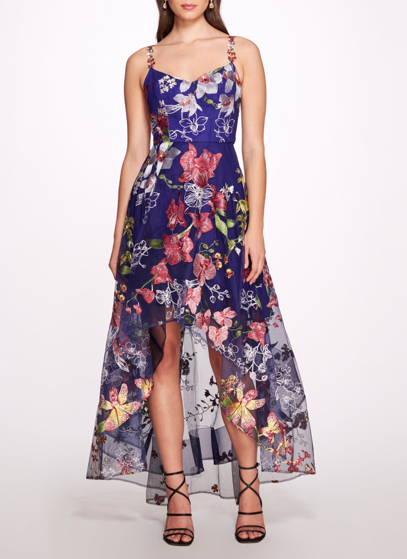 HI-LO GOWN WITH FLORAL TRIMS 1
