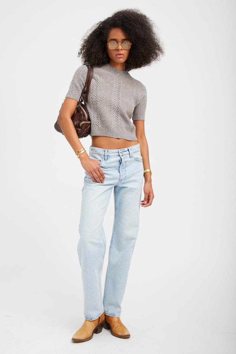 SPRWMN HEATHER GREY CASHMERE CABLE KNIT RAGLAN SWEATER outlook