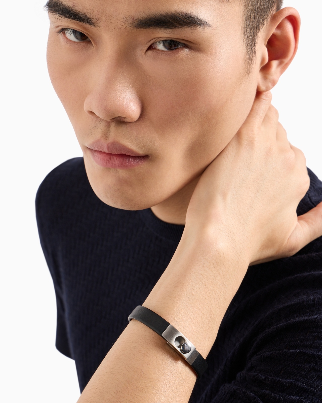 STAINLESS STEEL AND BLACK LEATHER STRAP BRACELET - 2