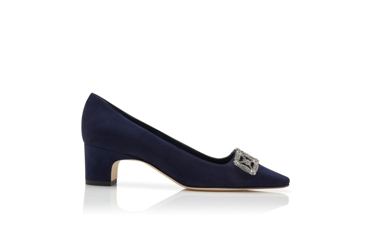 Navy Blue Suede Jewel Embellished Pumps - 1