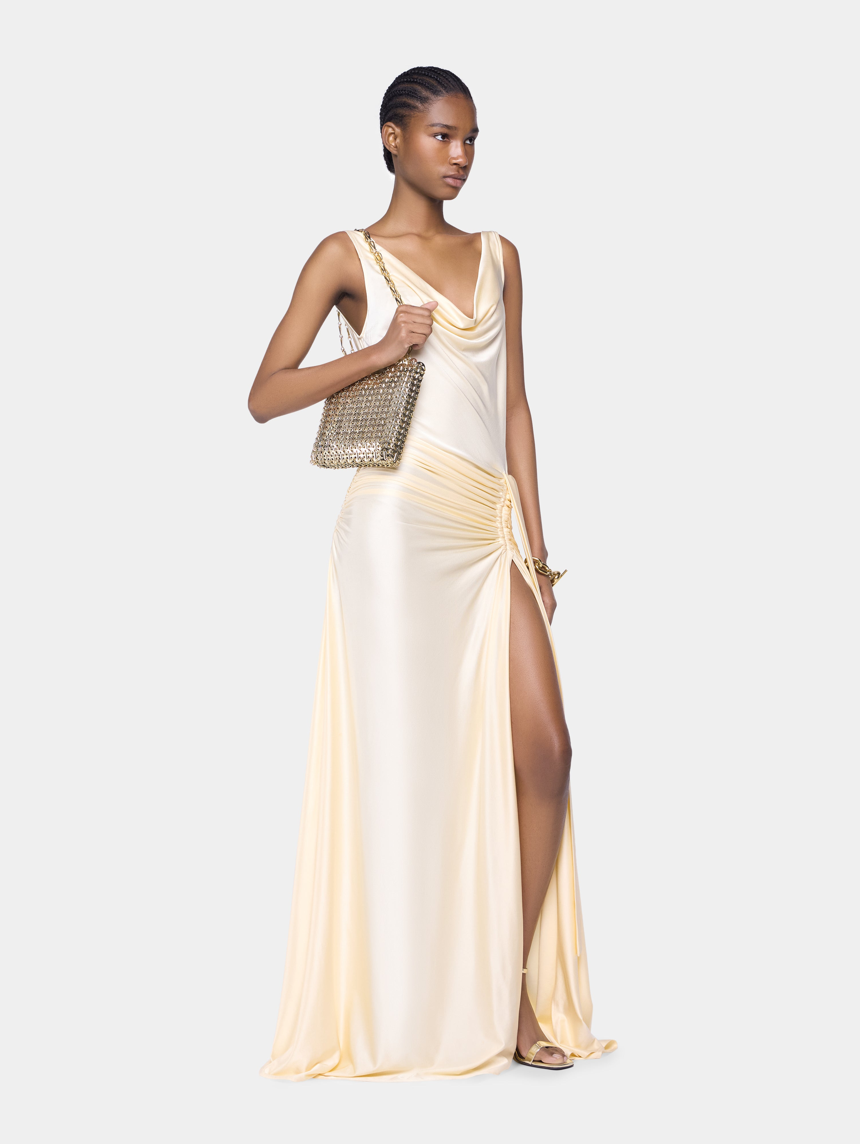 CREAM LONG SLEEVELESS DRESS IN JERSEY - 3