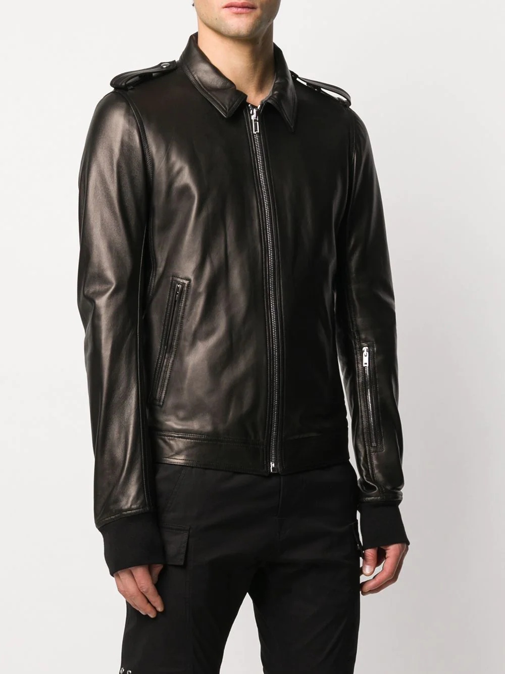 ribbed-cuff leather jacket - 3