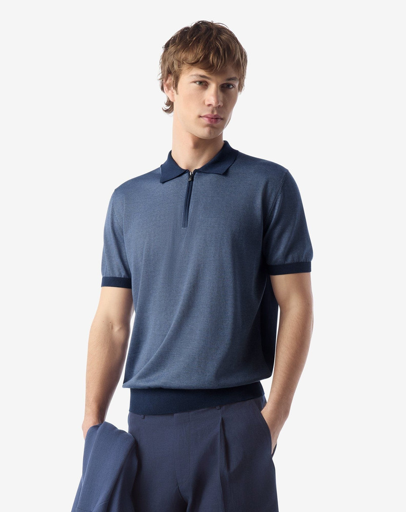 CORNELIANI Ice cotton and silk polo shirt with blue/light blue zip outlook