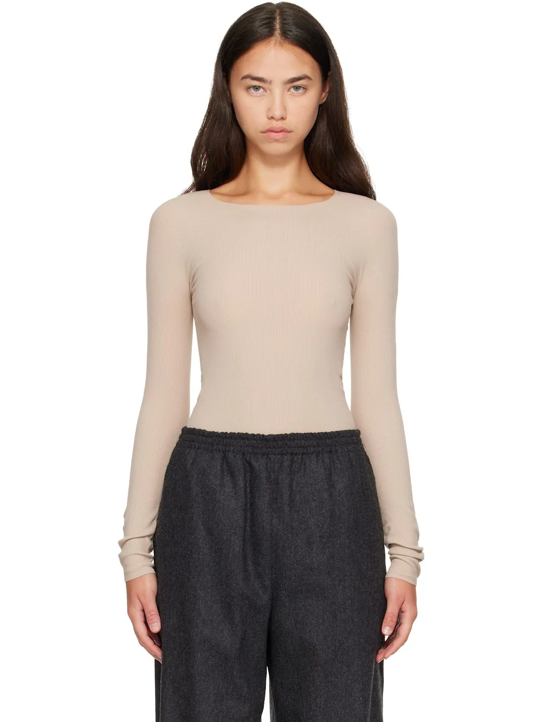 Beige Ribbed T-shirt - 1
