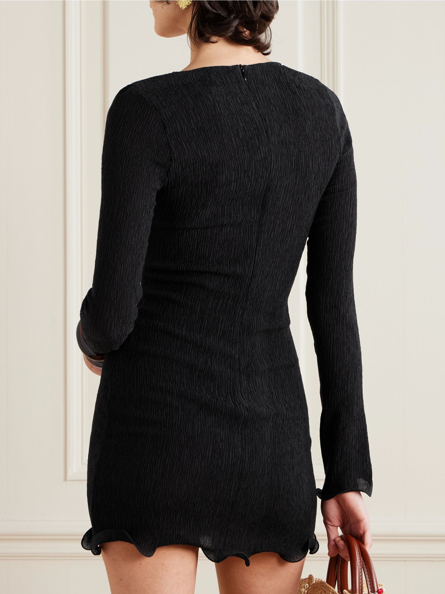 Appliquéd ruffled ribbed Lyocell-blend mini dress Black - 3