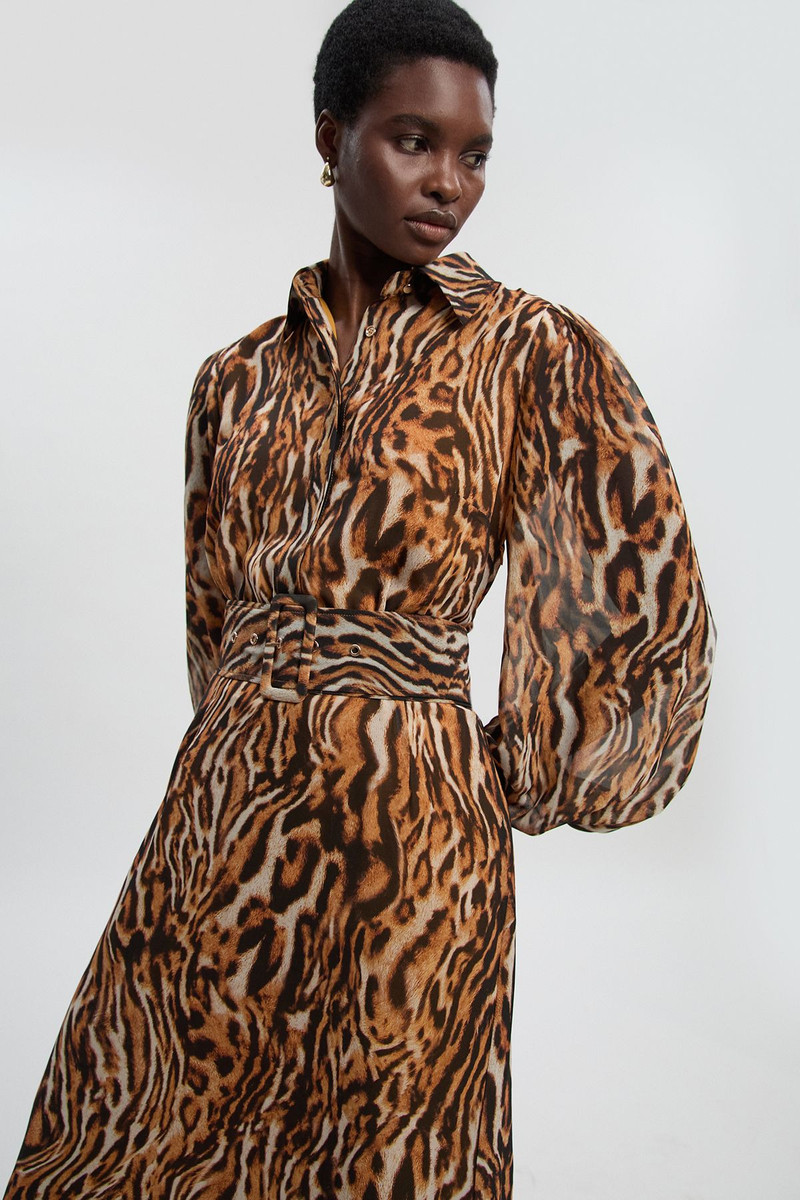 KAREN MILLEN Petite Animal Print Georgette Belted Woven Shirt Dress outlook