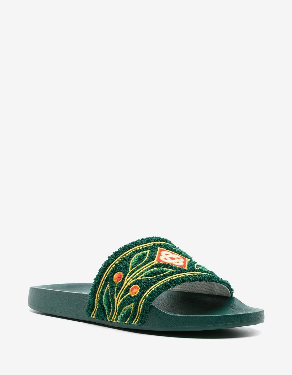 Green Embroidered Terry Slider Sandals - 5