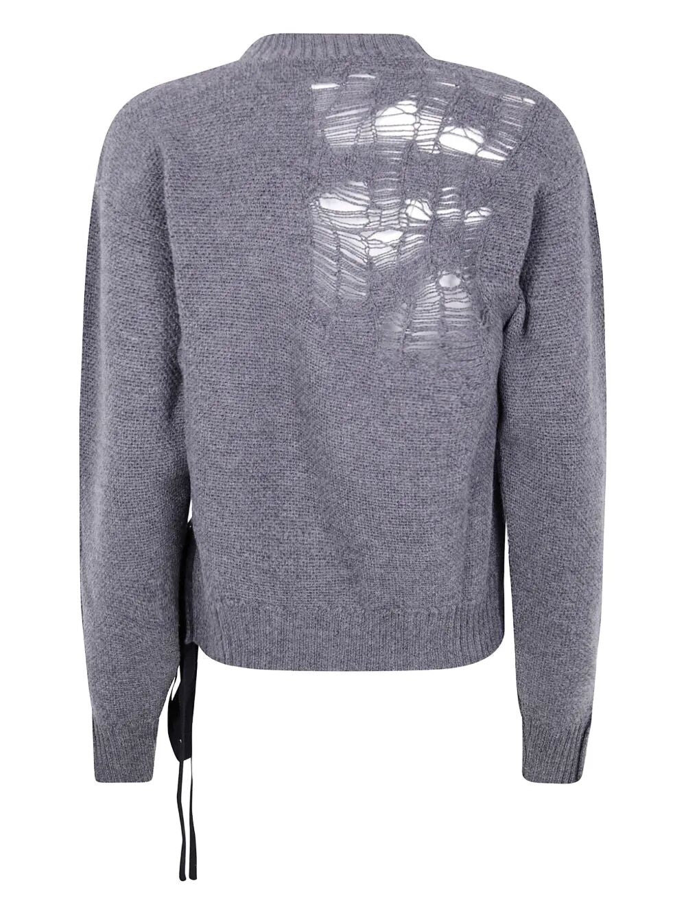Ann Demeulemeester Women "Gabriela" Destroyed Seed Stitch Crew Neck Sweater With Drawstrings - 6