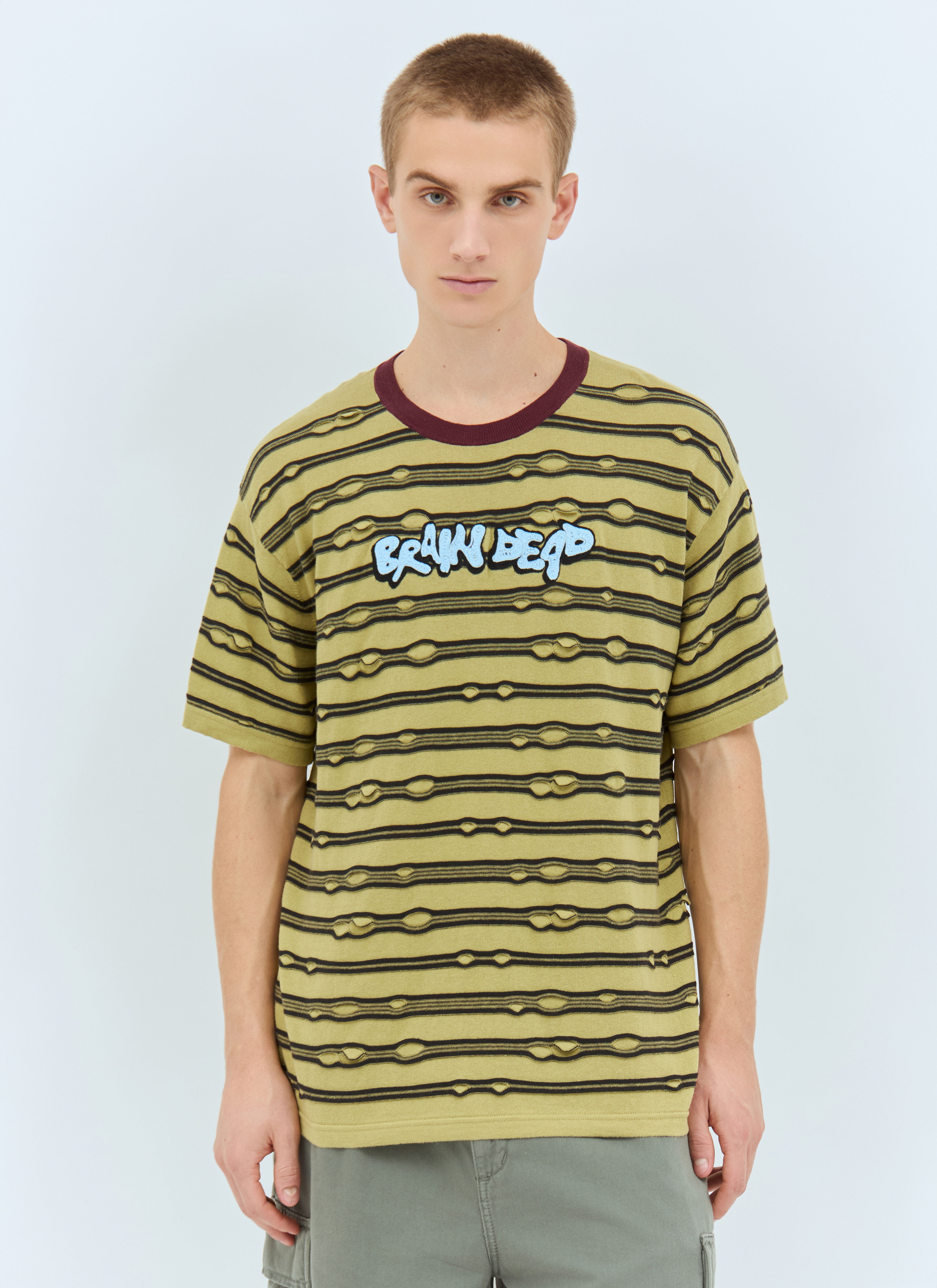 Embroidered Puckered Striped T-Shirt - 1
