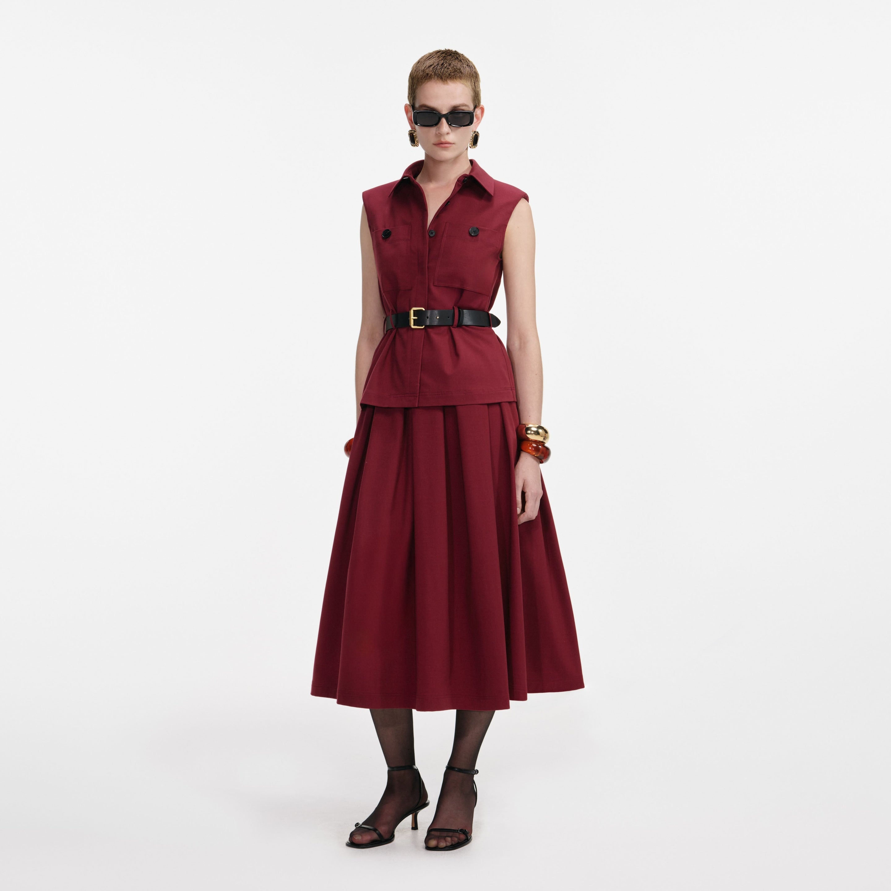 Burgundy Twill Belted Midi Dress - 2