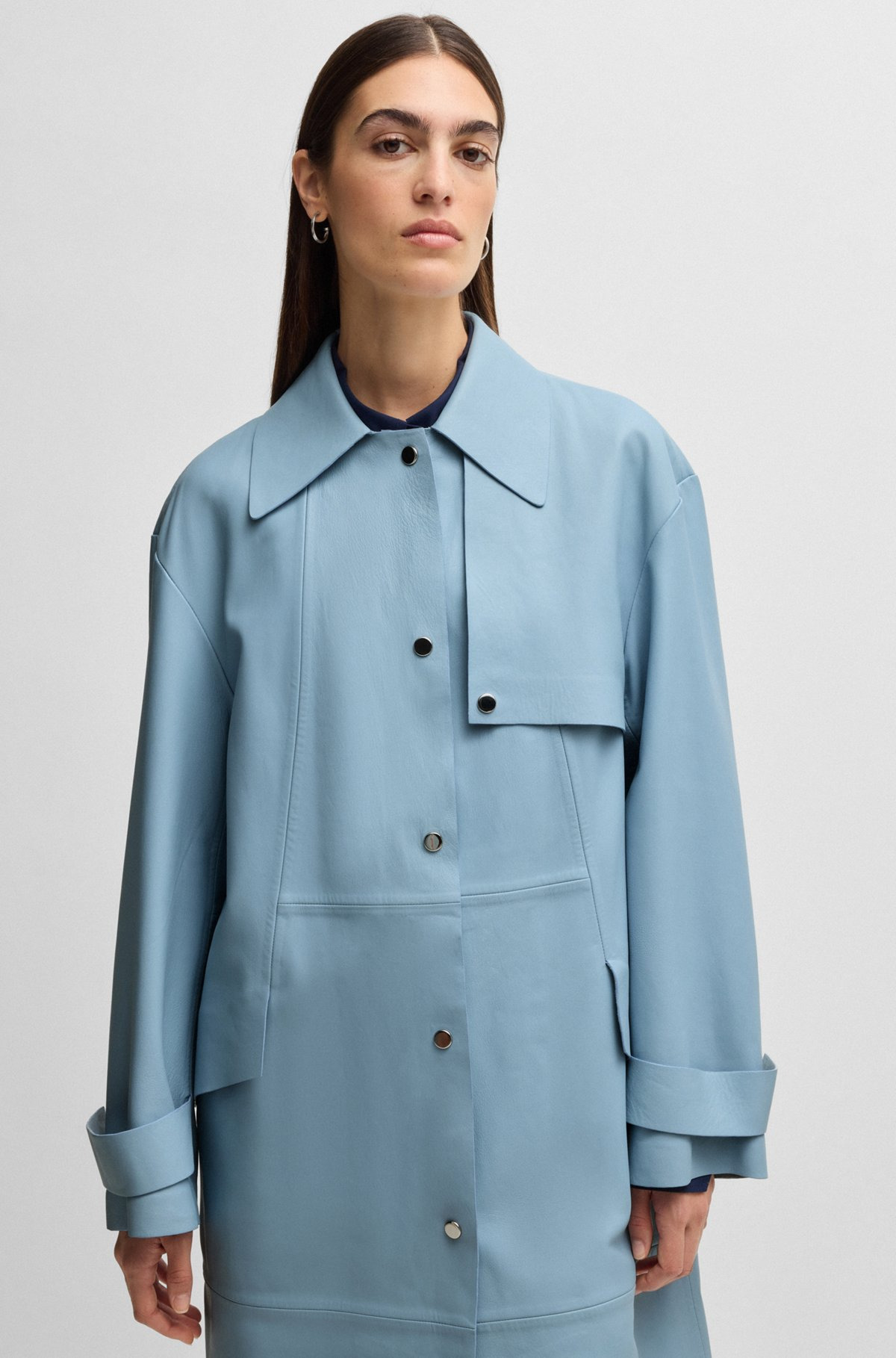 LEATHER TRENCH COAT WITH SILVER-TONE TRIMS - 5