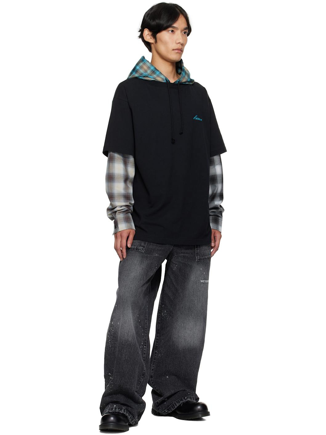 Black Checkered Layered Hoodie - 4