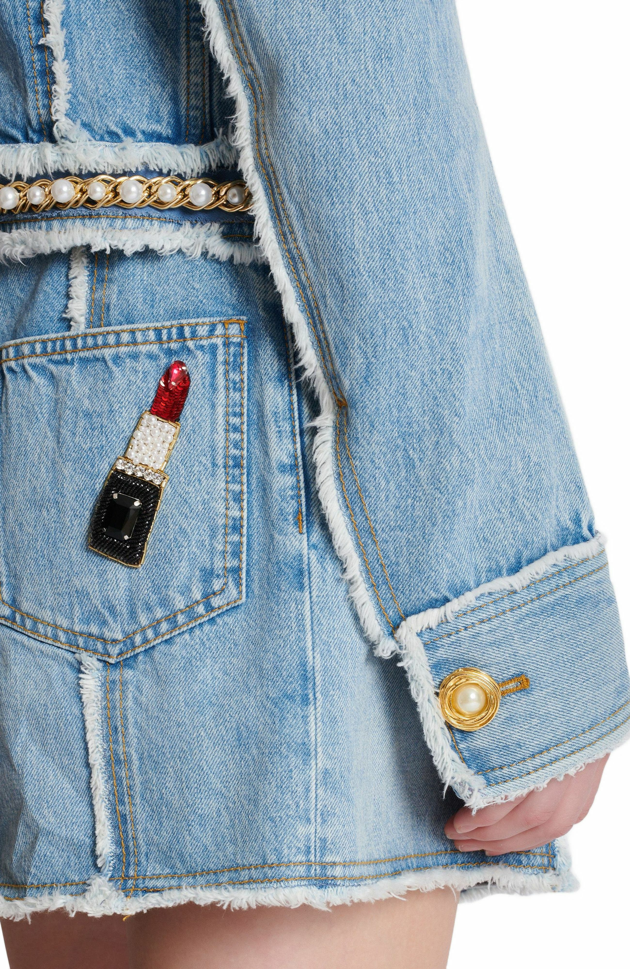 Balmain Denim jacket with pearl trim in Blue at Nordstrom - 6