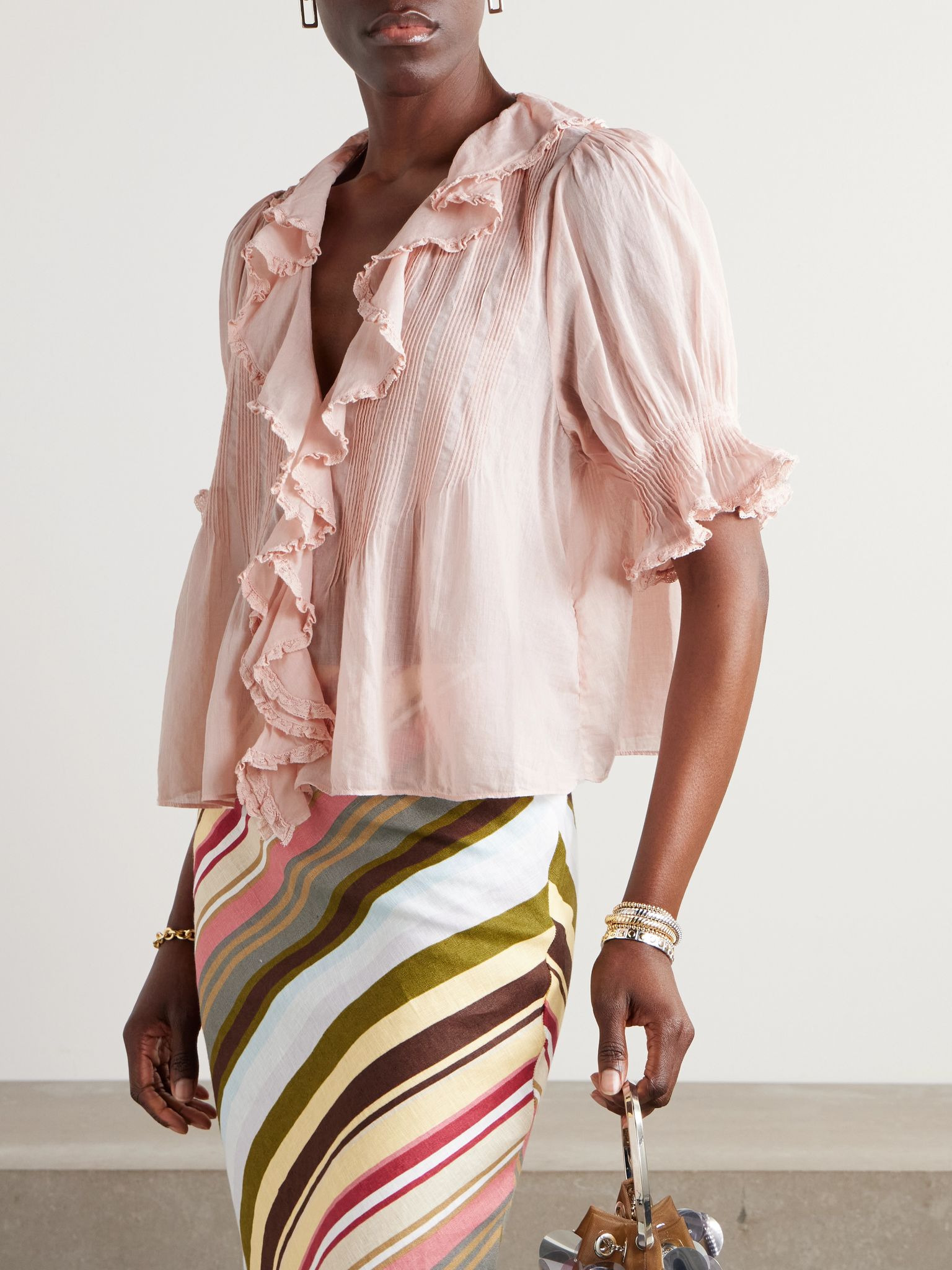 Henri lace-trimmed ruffled pintucked organic cotton-voile blouse Blush - 3