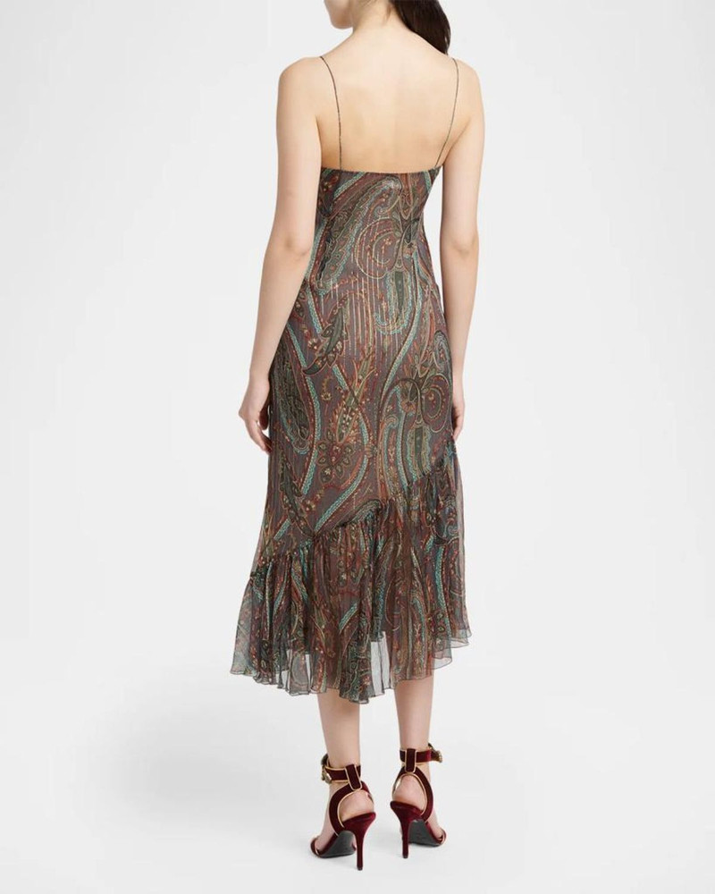Metallic Paisley Silk Ruffle Midi Slip Dress 3