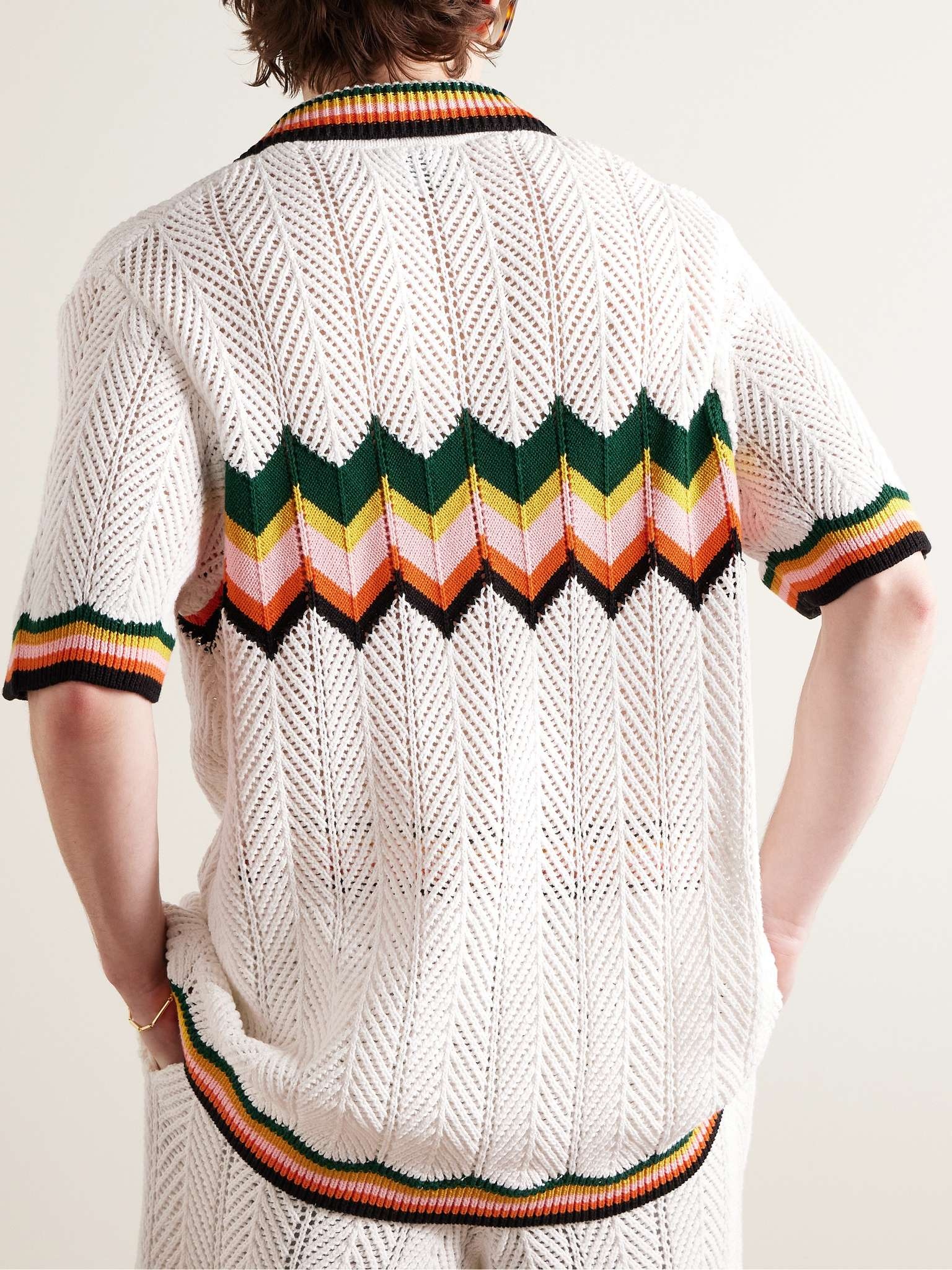 Camp-Collar Logo-Appliquéd Striped Crocheted Cotton Shirt - 3
