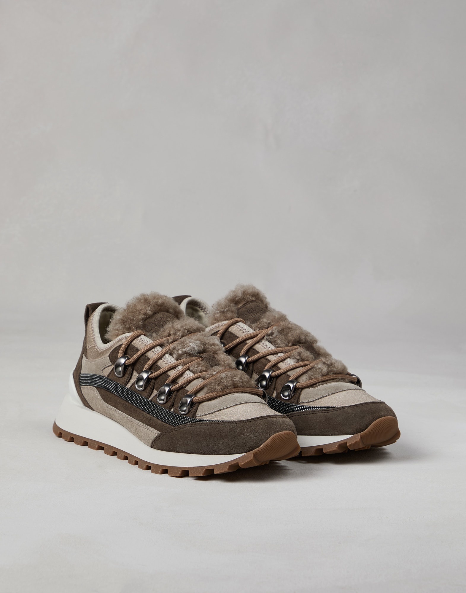 Suede runners with shearling insert and precious stripe detail - 1