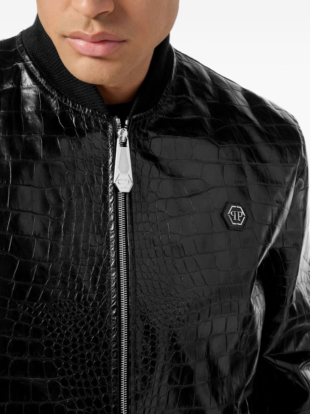 crocodile-effect leather bomber jacket - 5