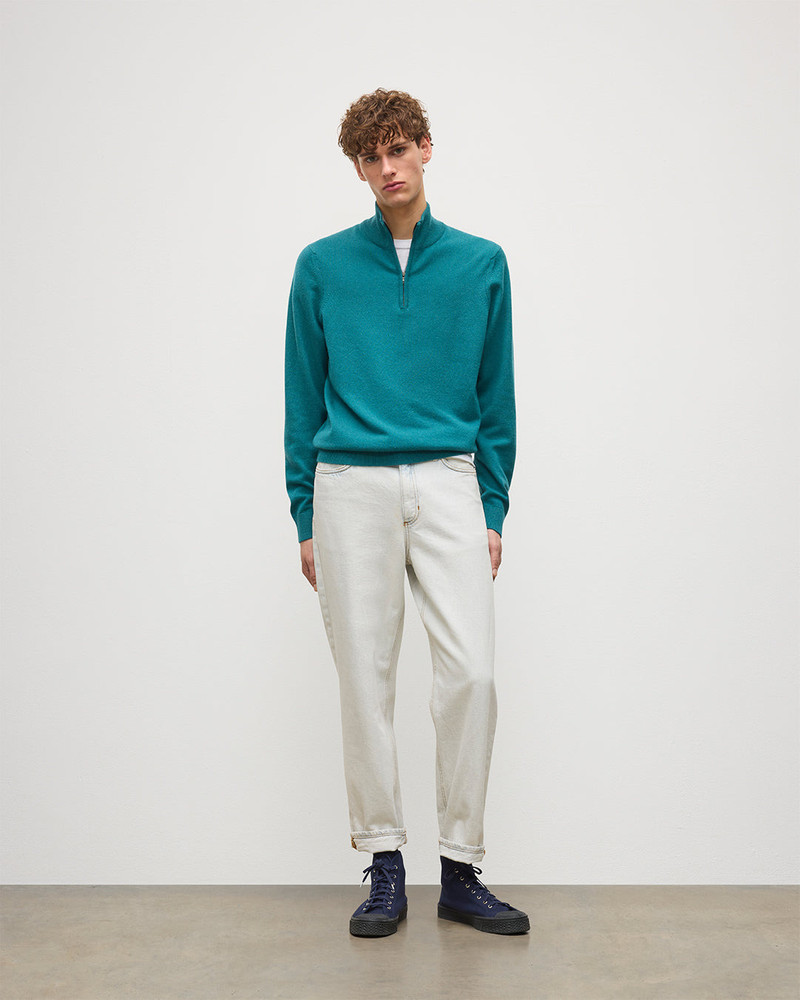 Johnstons of Elgin Rory Green & Grey Classic Cashmere Contrast Zip Neck Jumper outlook