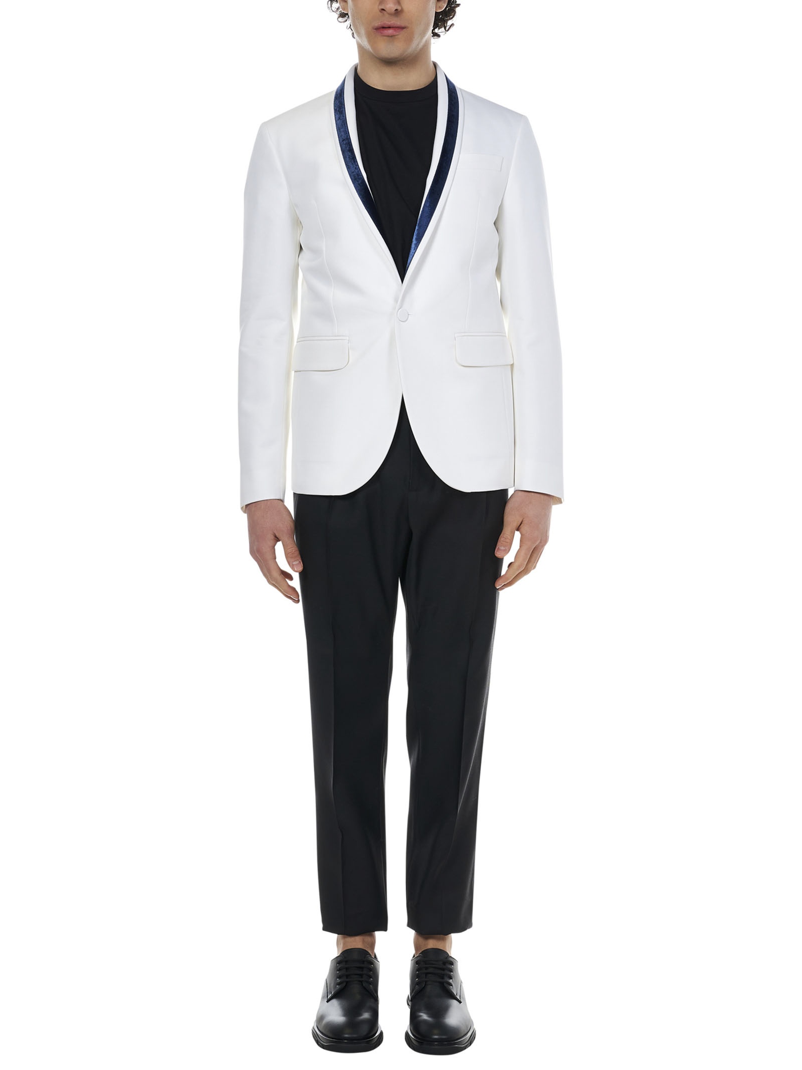 Tokyo suit with black tailored trousers and single-breasted blazer in white crêpe with blue velvet i - 5