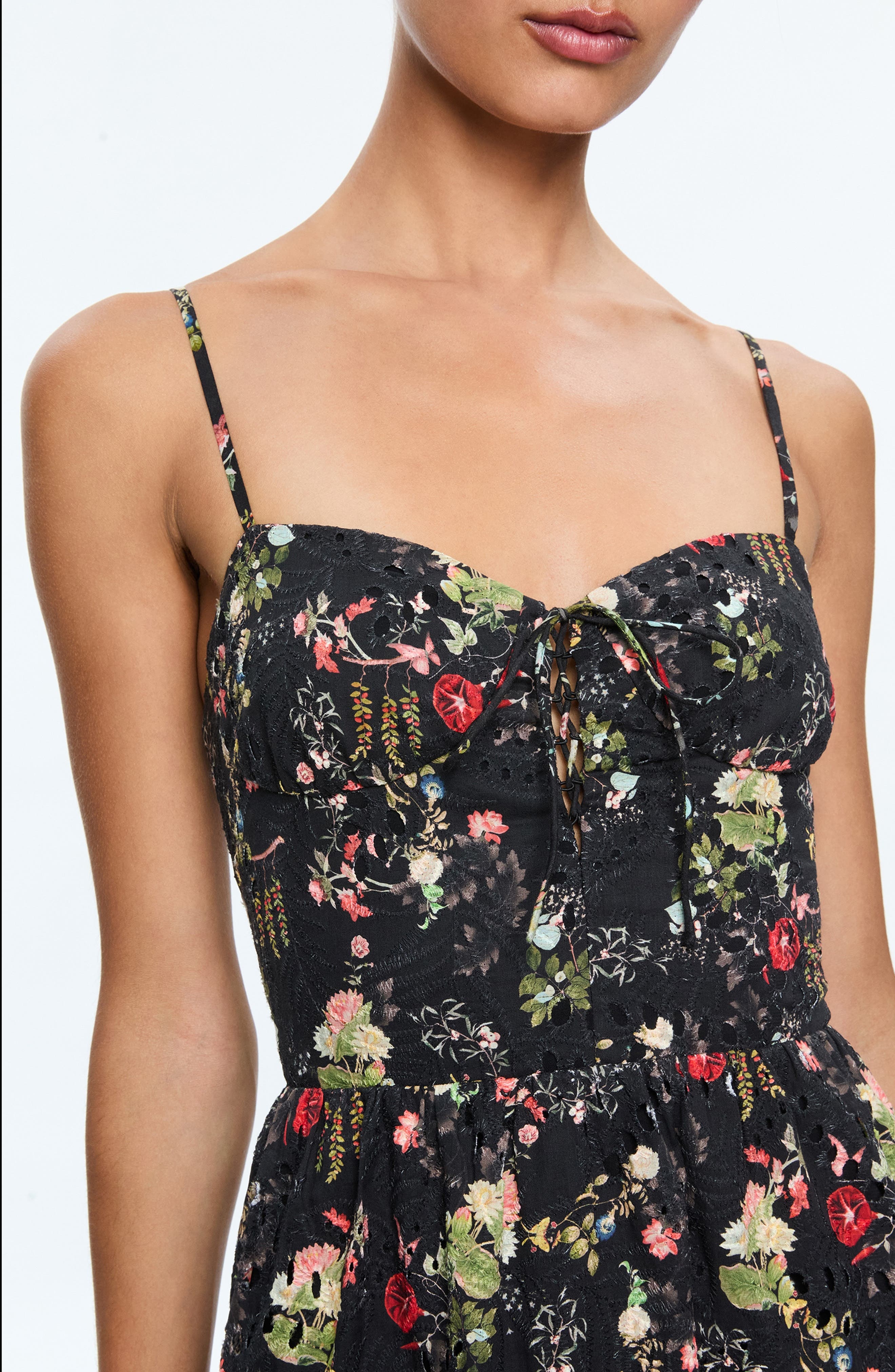 Alice + Olivia Daisy Floral Cotton Eyelet Minidress in Blush Kiss Black at Nordstrom - 4