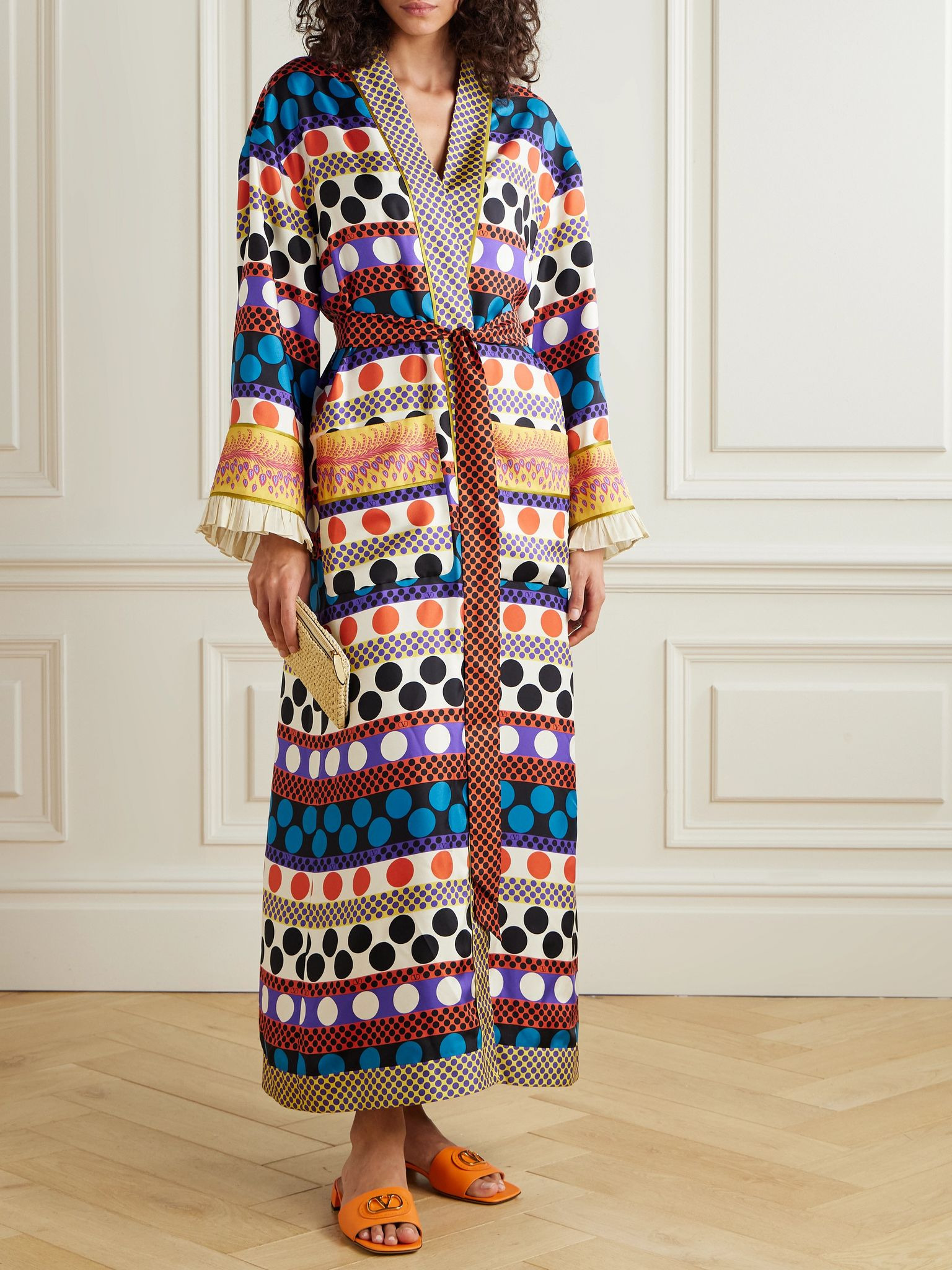 Belted ruffled printed silk-twill robe Multi - 2