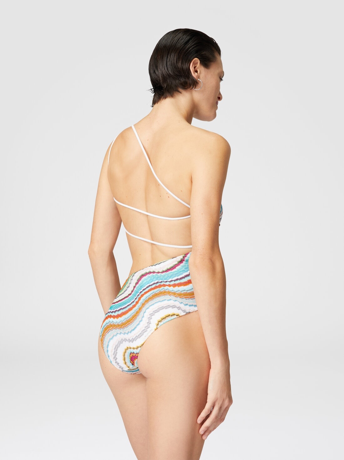 One-shoulder one-piece swimsuit with lamé wave motif and cut-out detail - 3