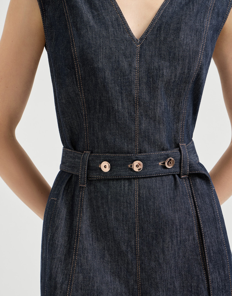 Cotton denim-effect twill flared dress with belt and monili 4