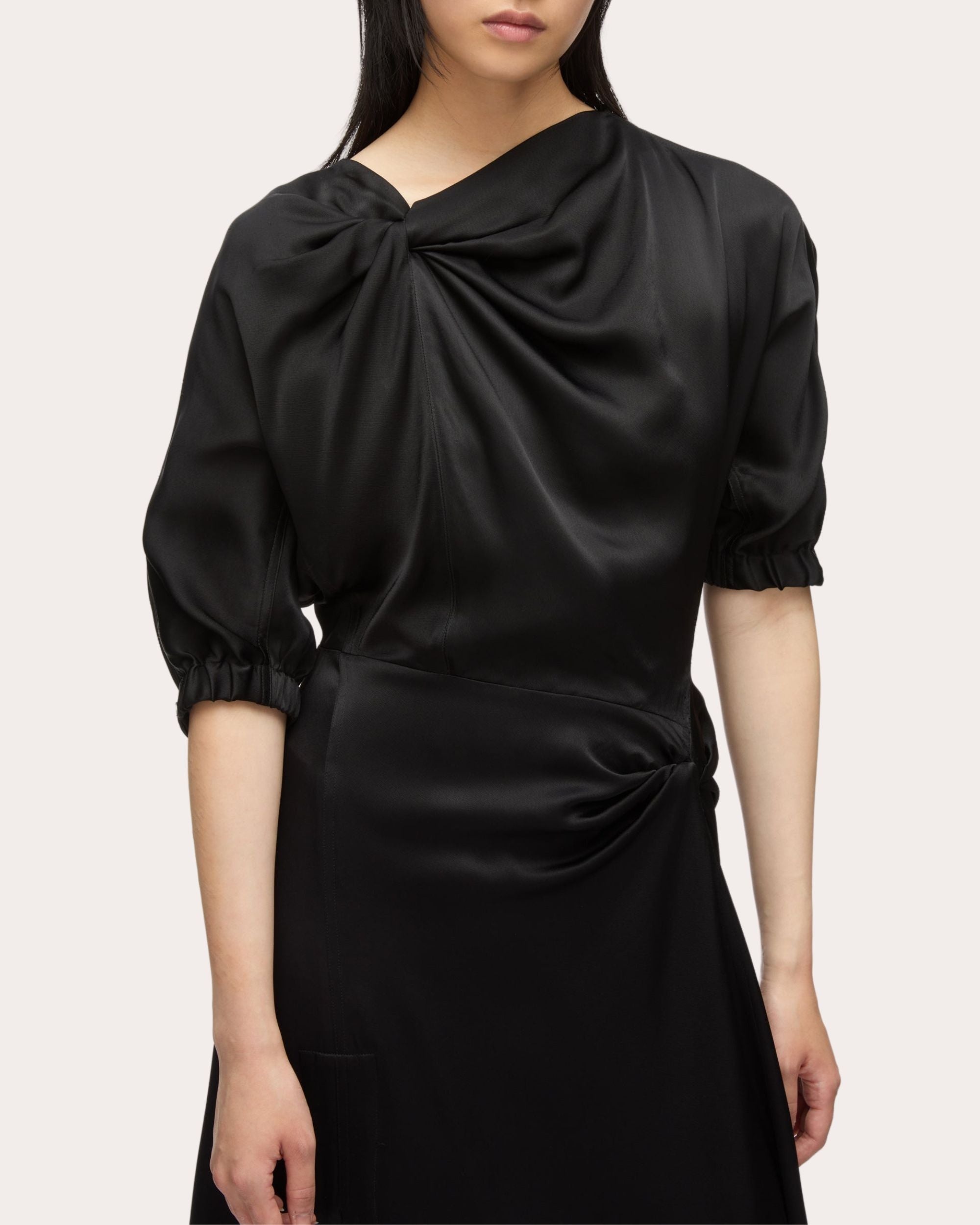 Satin Knot Asymmetric Drape Midi Dress - 4
