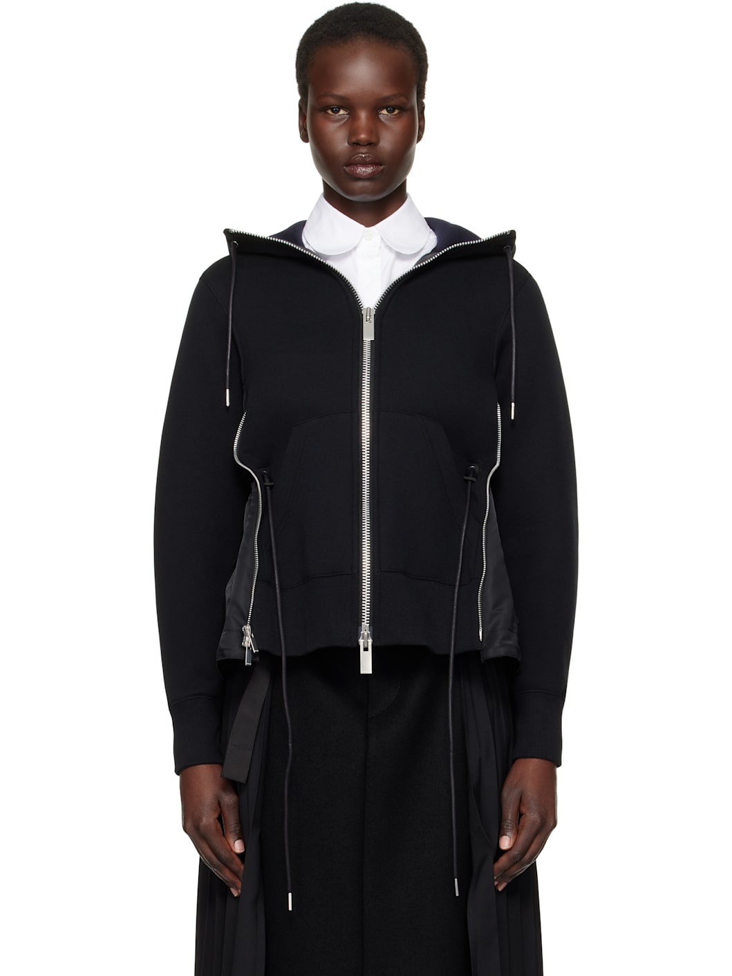 Black Sponge Sweat x Nylon Twill Hoodie - 1