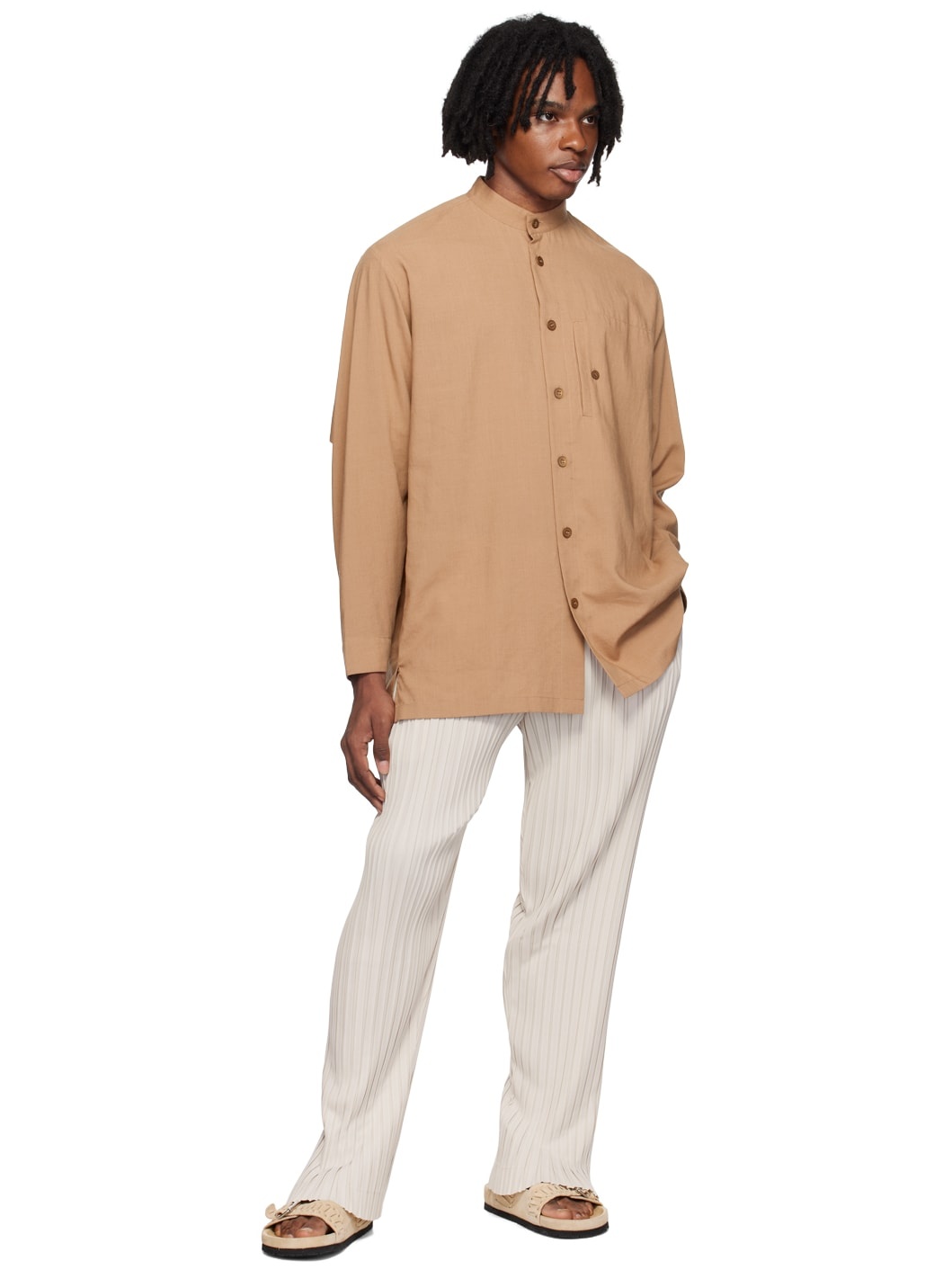 Beige Box Pleats Ensemble Trousers - 4