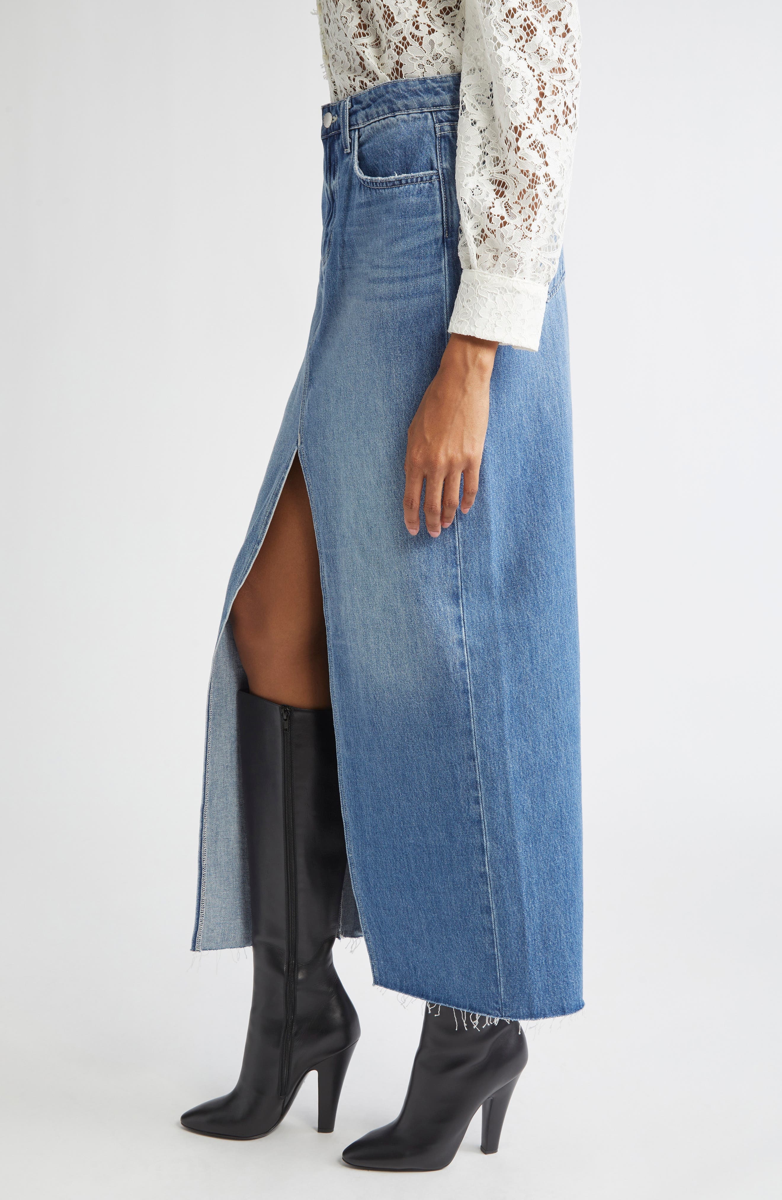 L'AGENCE Rysa Front Slit Denim Maxi Skirt in Woodrow at Nordstrom - 4