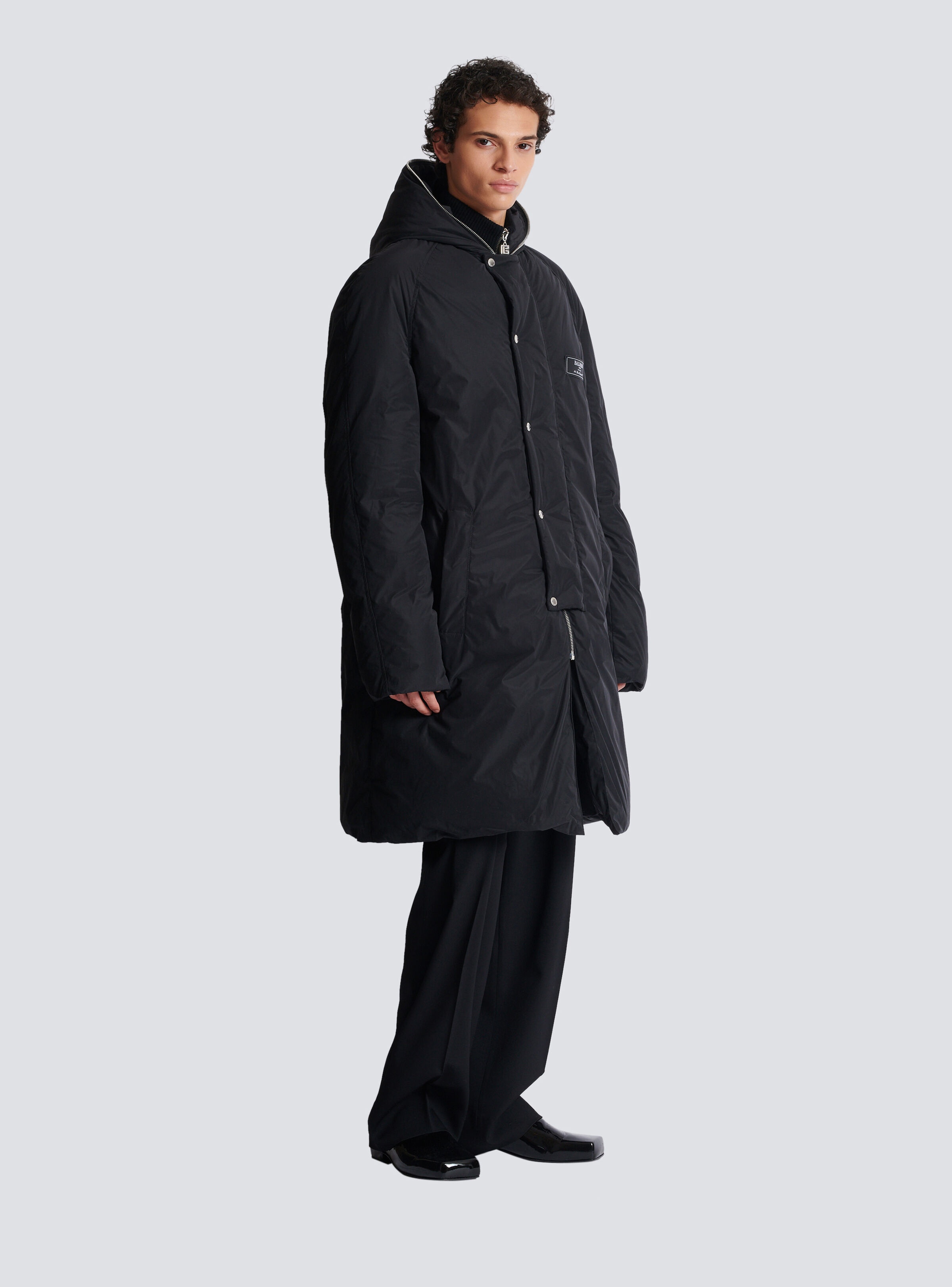 Long down nylon jacket with Balmain label - 3