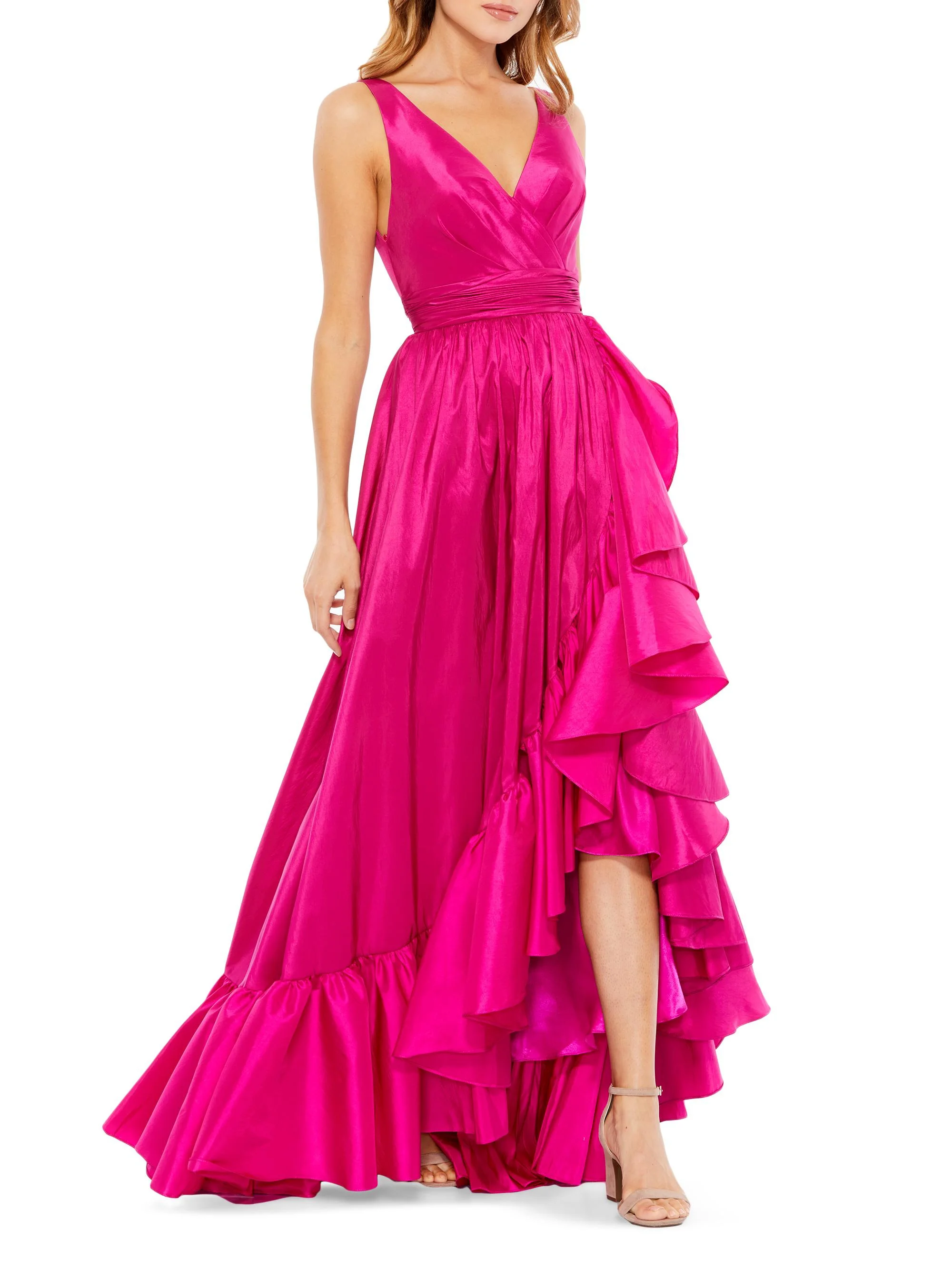 Women's Satin Flounce V-Neck Gown - Magenta - 1